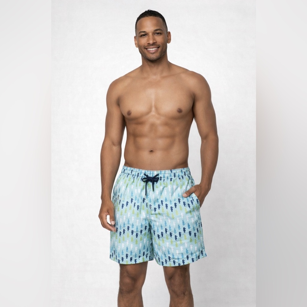 Capelle Mens Drawstring Blue Seahorses Shorts Swim Trunks 2XL Stretchy